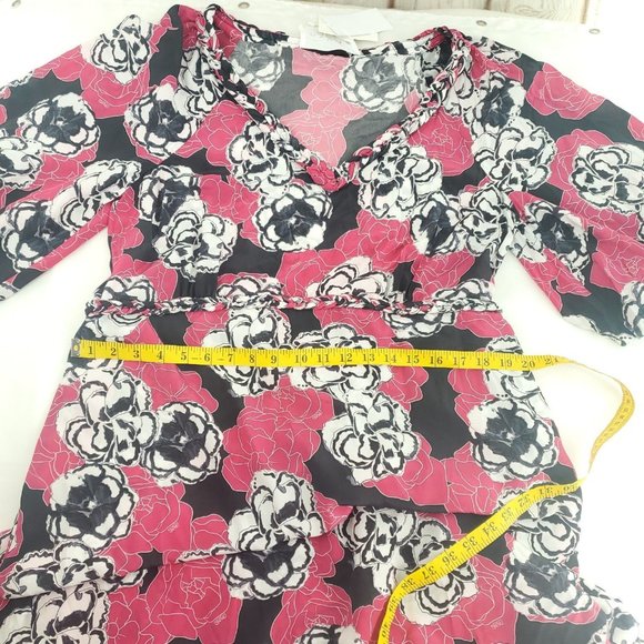 Dyvna Womens Pink Graphic Flower Semi Sheer 3/4 Sleeve Ruffle Sheath Dre… - Picture 7 of 13